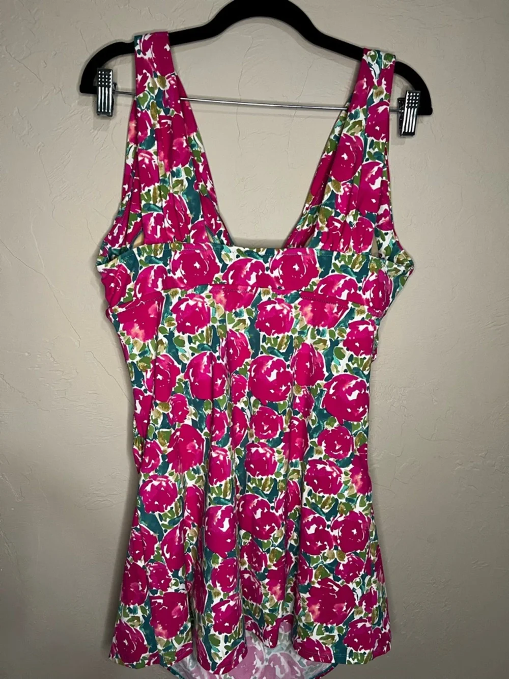 Garnet Hill Pink Rose Floral Deep V Neck One Piece Modest Dress Swimsuit - Picture 10 of 11